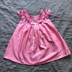 Crochet Pink New Born Baby Dress Bow Ribbon Accent | Handmade